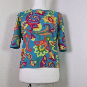 Michael Simon Vintage Knit Top  Bright Paisley Floral Pattern, 100% Cotton, Sz M